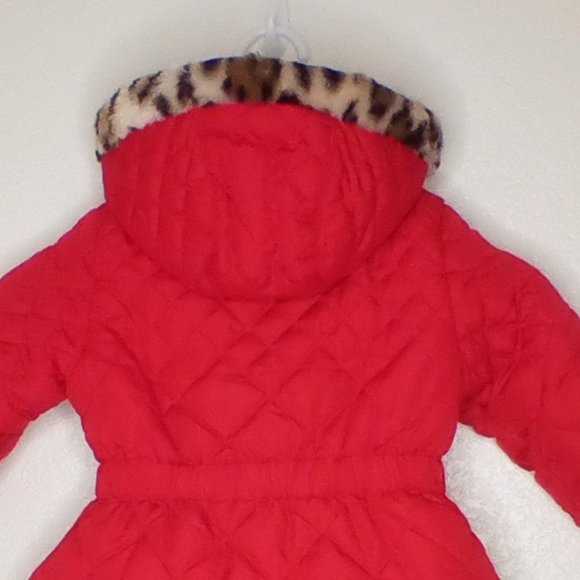 "Pistachio" Girls Quilted Hooded Coat Red & Animal Fur Trim (3T) - Picture 7 of 8